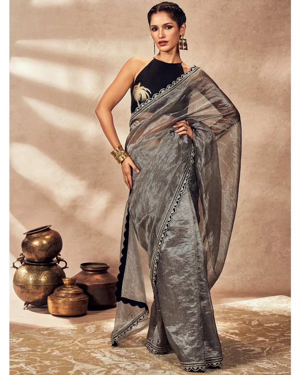 Black Striped Zari Sari Set