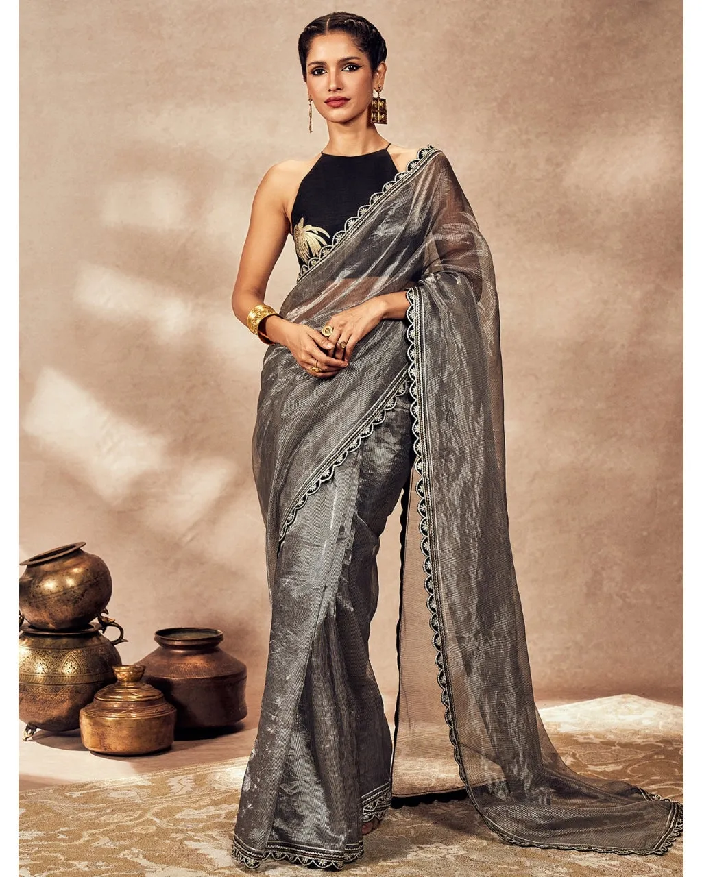 Black Striped Zari Sari Set