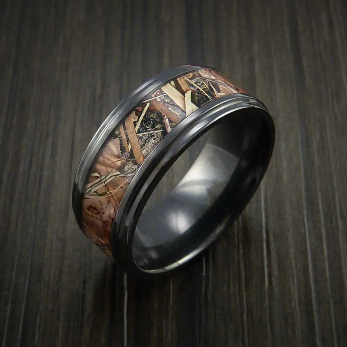 Black Titanium Men's Ring with Camo Inlay Custom Made Wedding Band