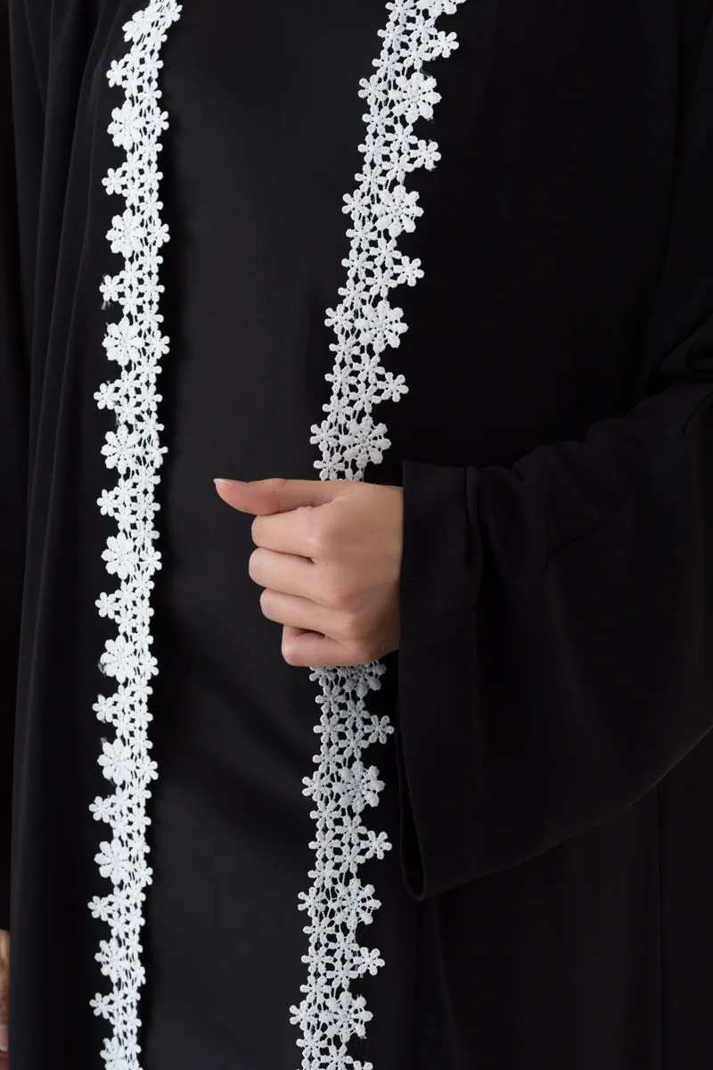 Black White Open Abaya With Belt