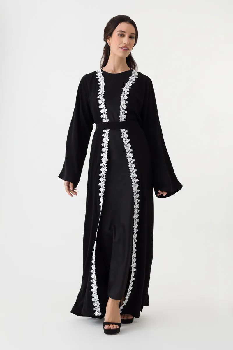 Black White Open Abaya With Belt