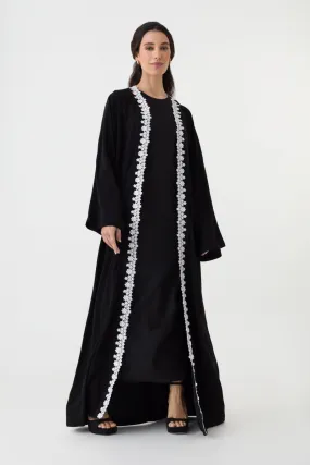 Black White Open Abaya With Belt