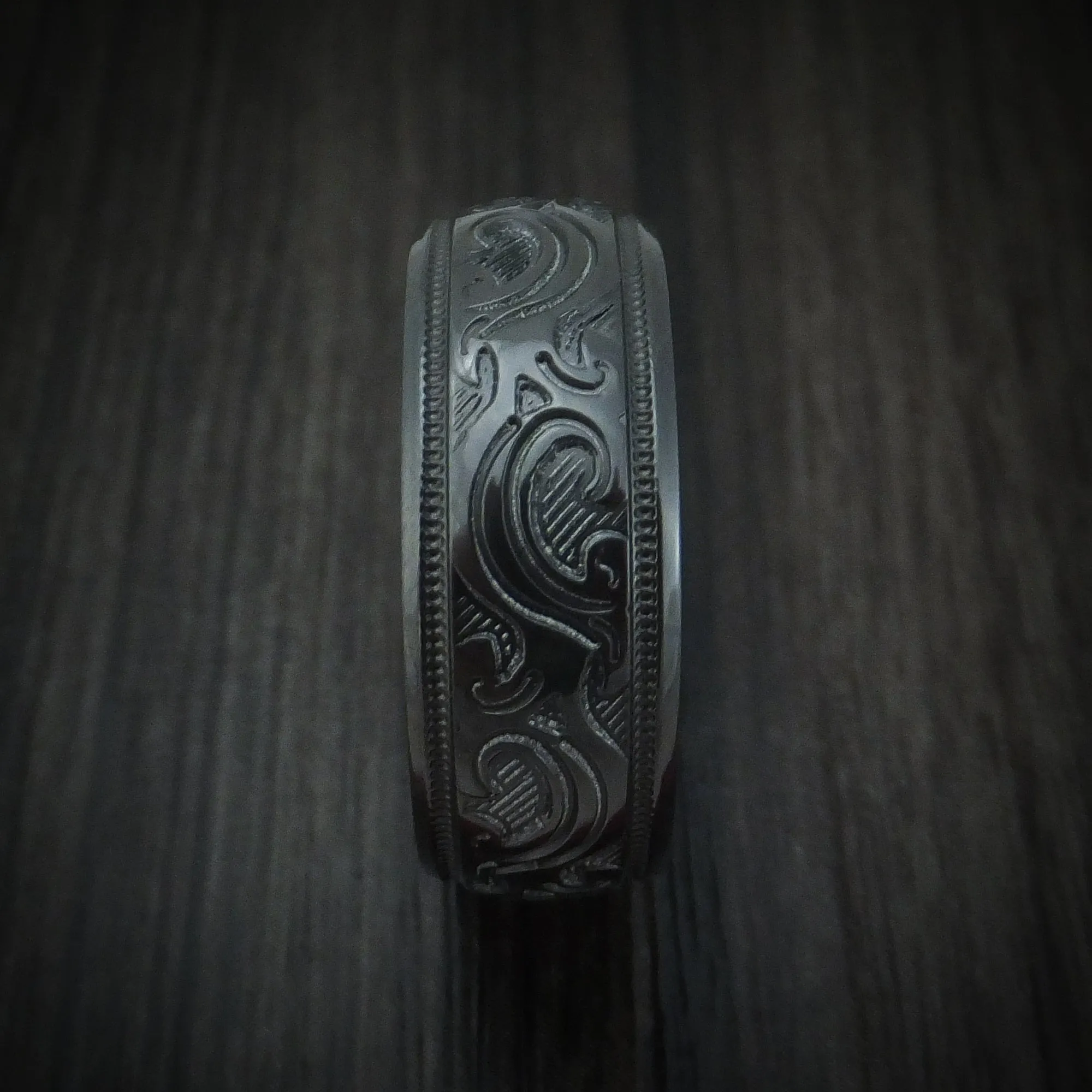 Black Zirconium Floral Design Men's Ring Custom Made