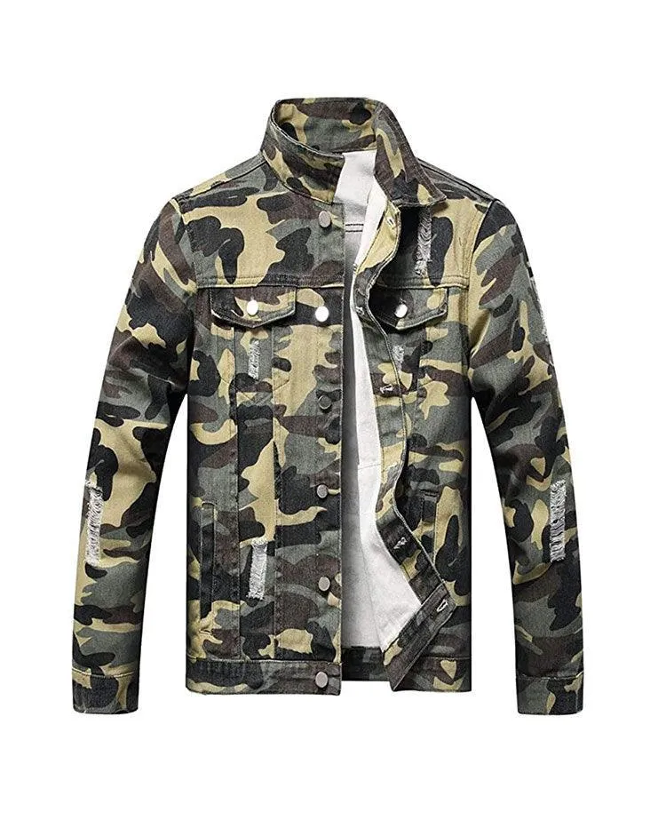 Blank Distressed Camo Denim Jacket