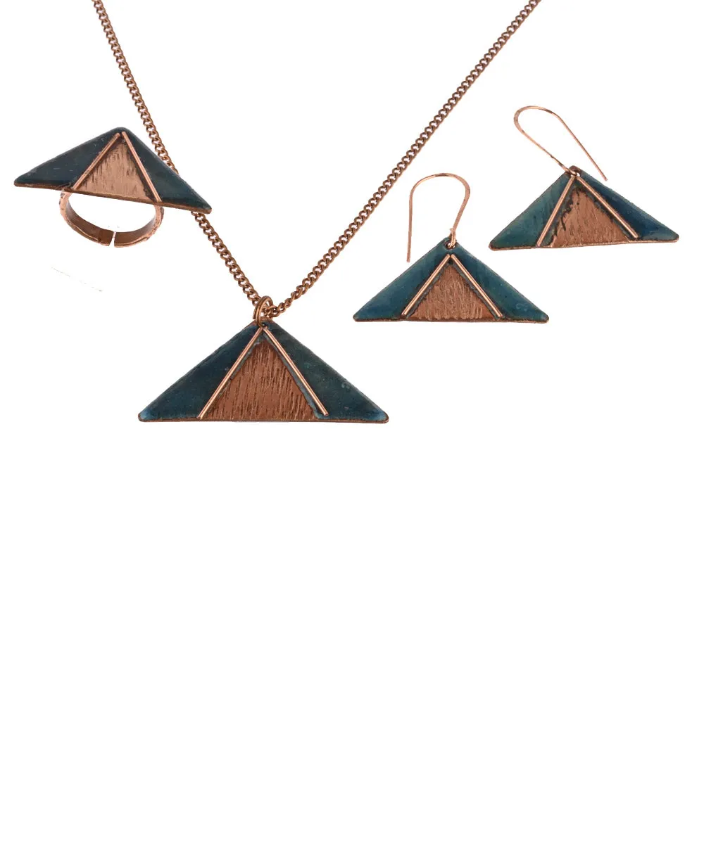 Blue triangle handcrafted copper enamel jewellery set