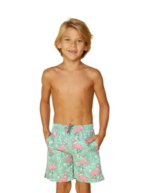 Boy's Swim Trunks in a flamingo and fern print