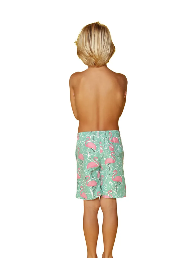 Boy's Swim Trunks in a flamingo and fern print