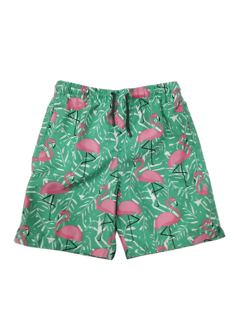 Boy's Swim Trunks in a flamingo and fern print