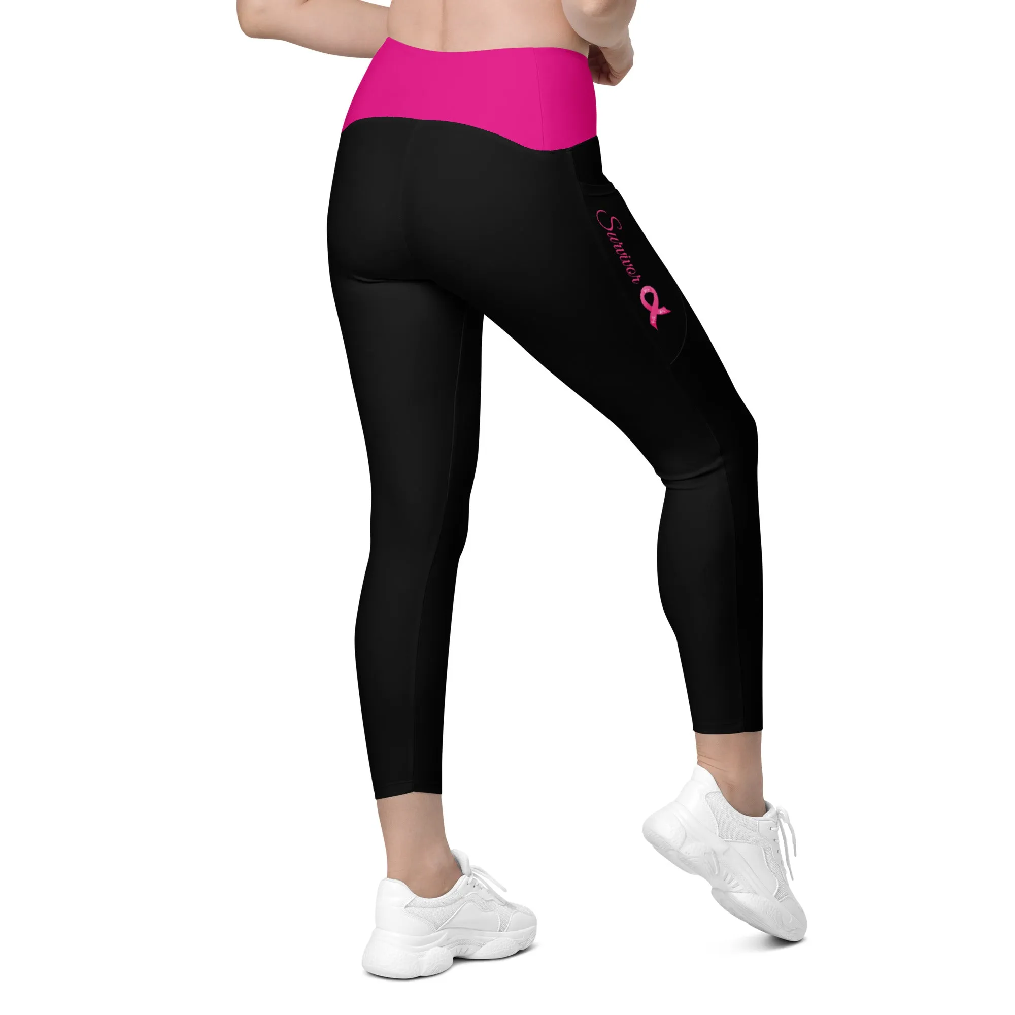 Breast Cancer "Survivor" Crossover Waist Leggings with Pockets (Black/Pink)