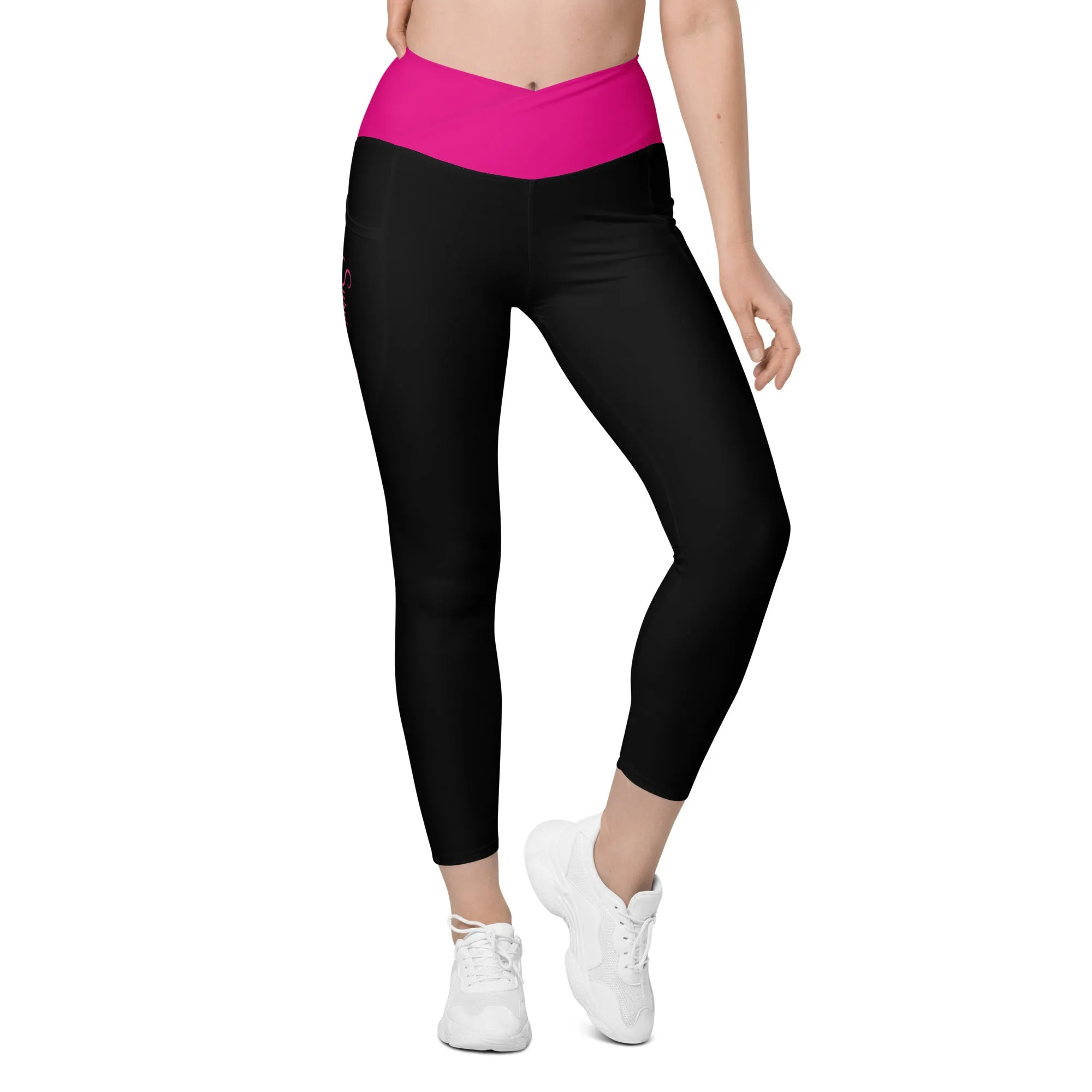 Breast Cancer "Survivor" Crossover Waist Leggings with Pockets (Black/Pink)