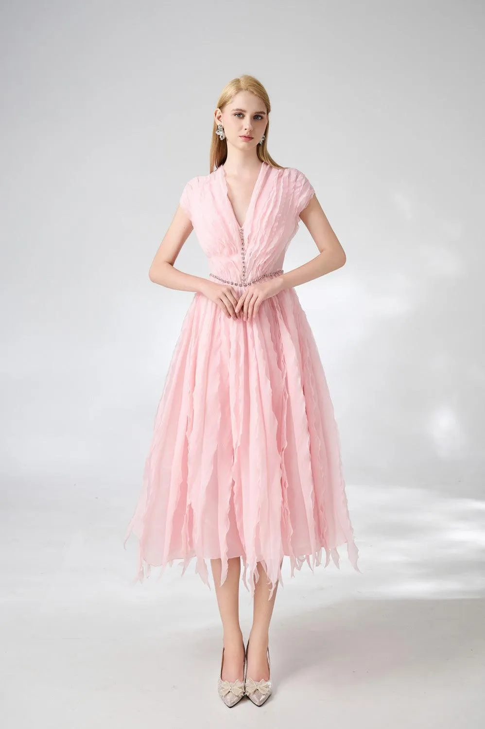 Calhoun Fit and Flare V-Neck Organza Midi Dress