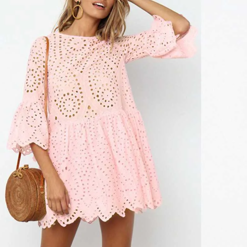 Casual Scalloped Trim Hemline Eyelet Lace Swing Dress