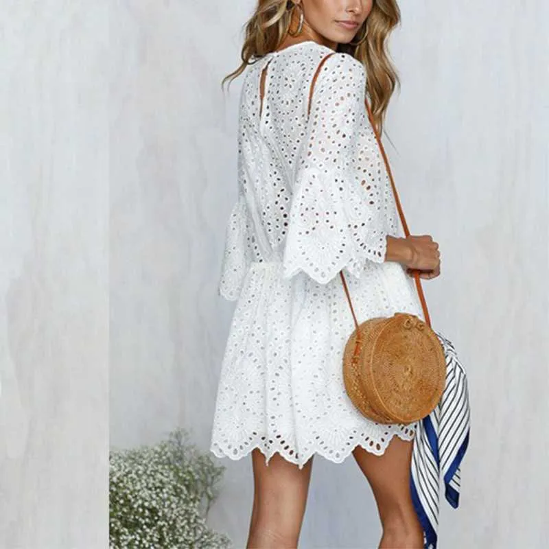 Casual Scalloped Trim Hemline Eyelet Lace Swing Dress