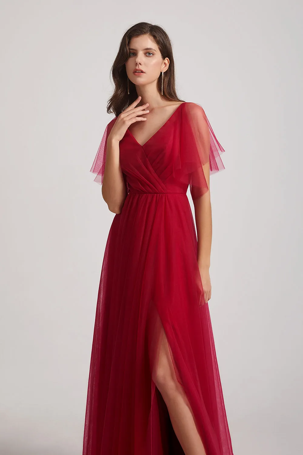 Chest Folds V-Neck Flutter Sleeve Tulle Long Bridesmaid Dresses (AF0039)