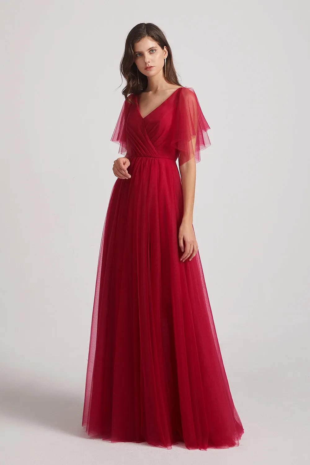 Chest Folds V-Neck Flutter Sleeve Tulle Long Bridesmaid Dresses (AF0039)