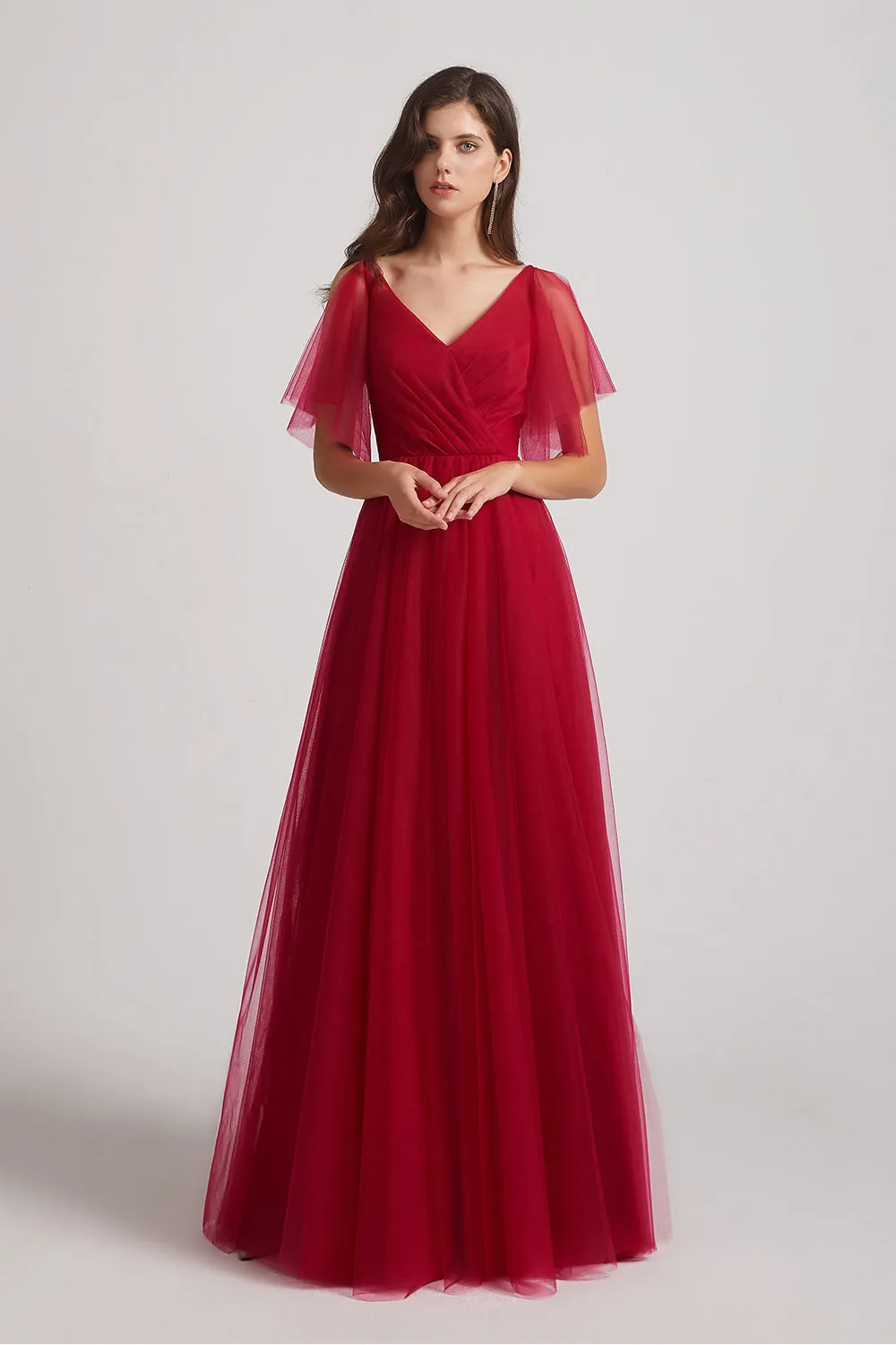 Chest Folds V-Neck Flutter Sleeve Tulle Long Bridesmaid Dresses (AF0039)