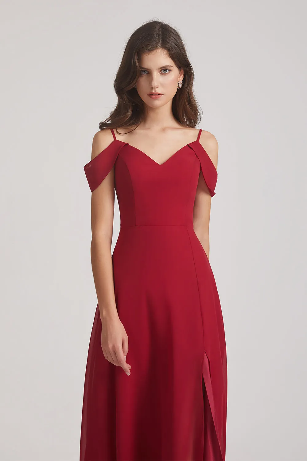 Chiffon Cold Shoulder V-Neck Bridesmaid Dresses with Slit (AF0093)