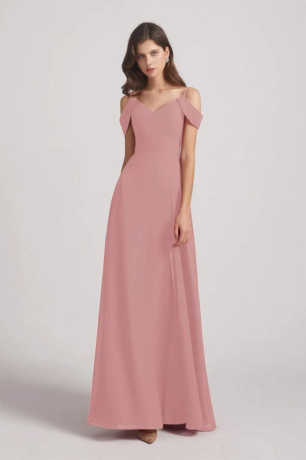 Chiffon Cold Shoulder V-Neck Bridesmaid Dresses with Slit (AF0093)