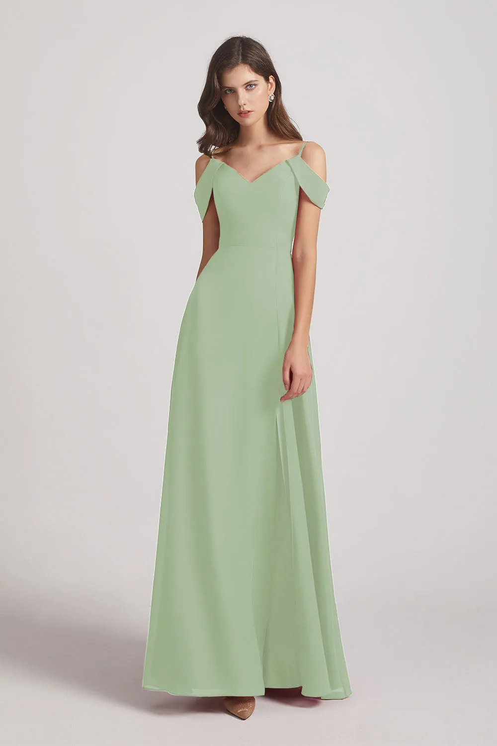 Chiffon Cold Shoulder V-Neck Bridesmaid Dresses with Slit (AF0093)