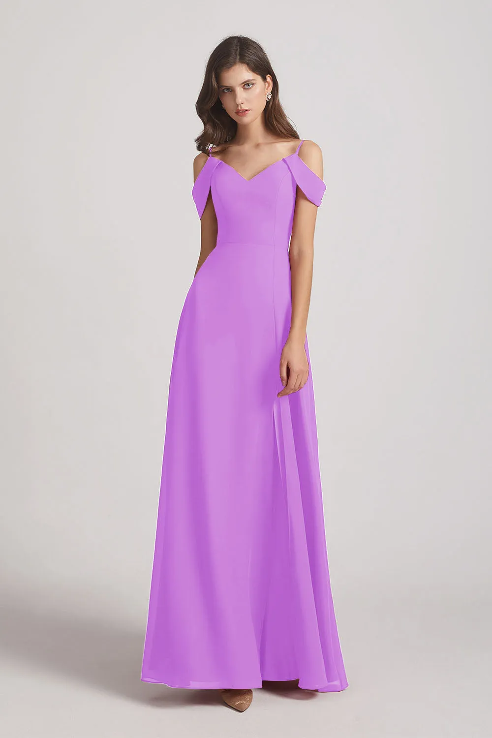 Chiffon Cold Shoulder V-Neck Bridesmaid Dresses with Slit (AF0093)