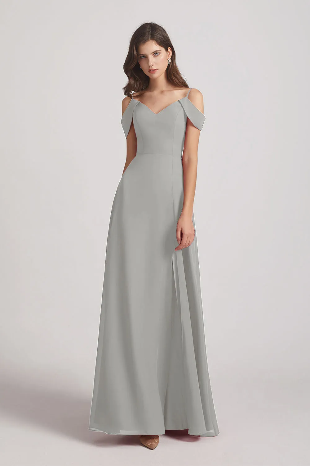 Chiffon Cold Shoulder V-Neck Bridesmaid Dresses with Slit (AF0093)