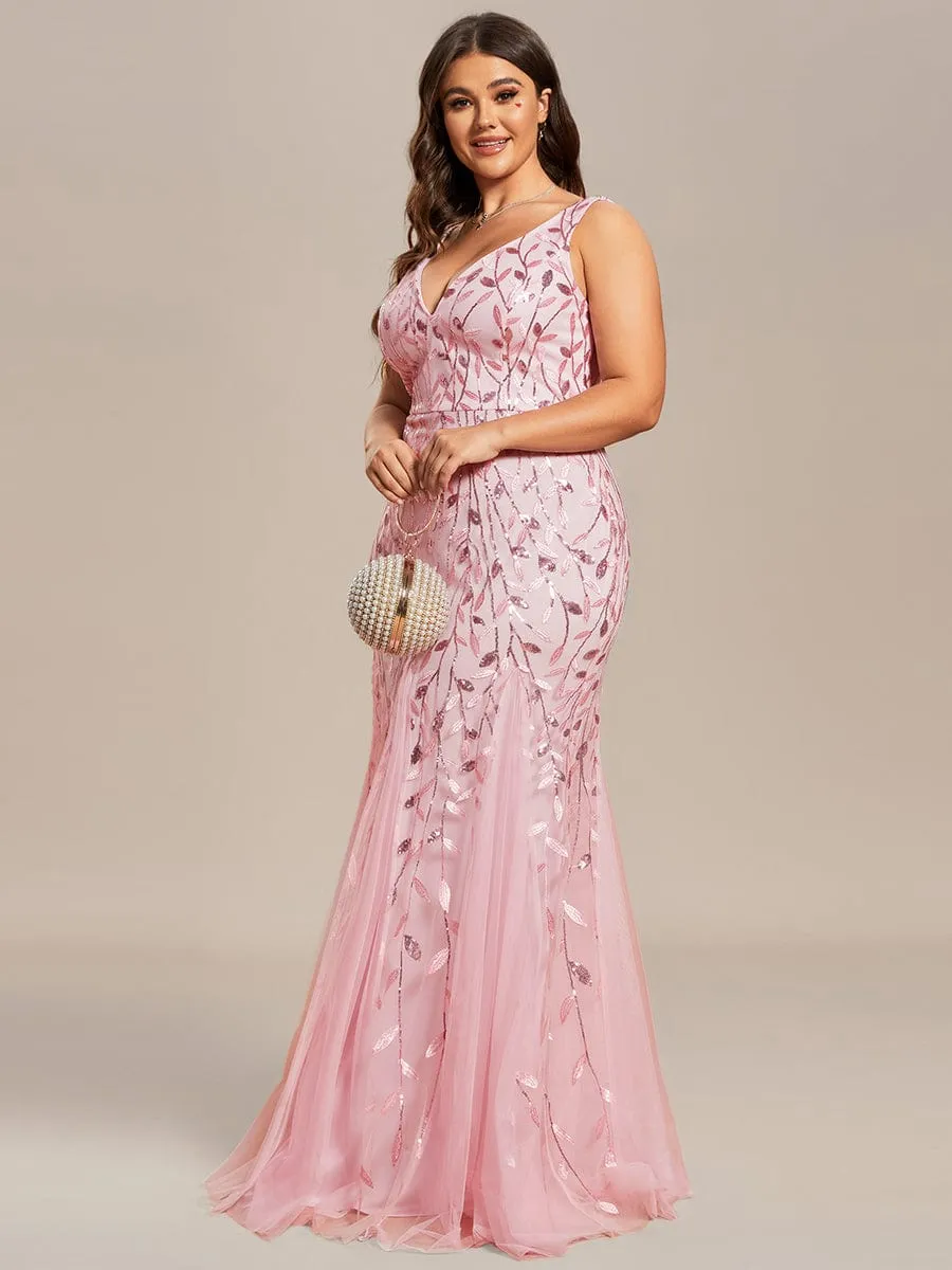 Custom Size Double V-Neck Fishtail Sequin Formal Maxi Evening Dress