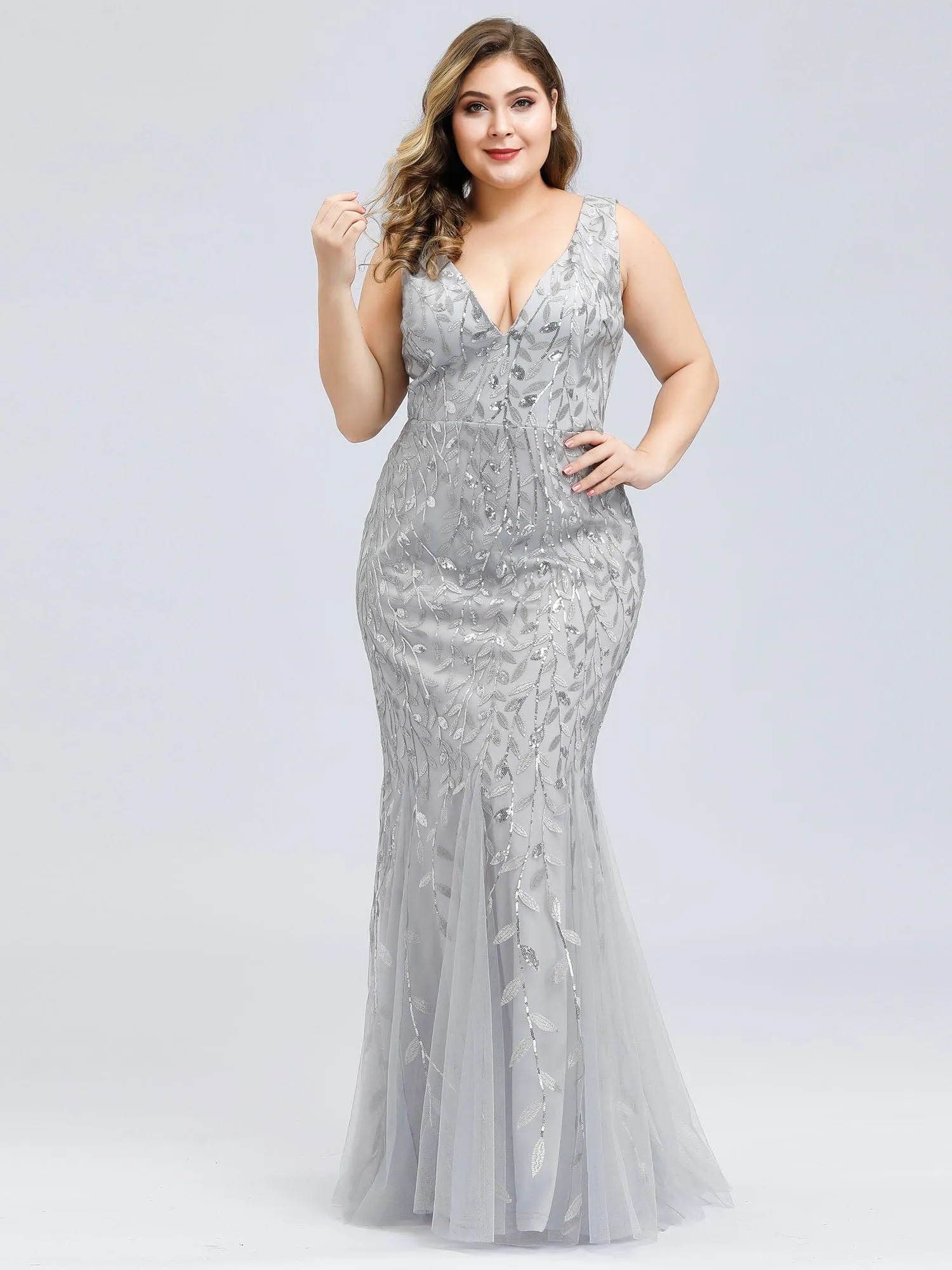 Custom Size Double V-Neck Fishtail Sequin Formal Maxi Evening Dress