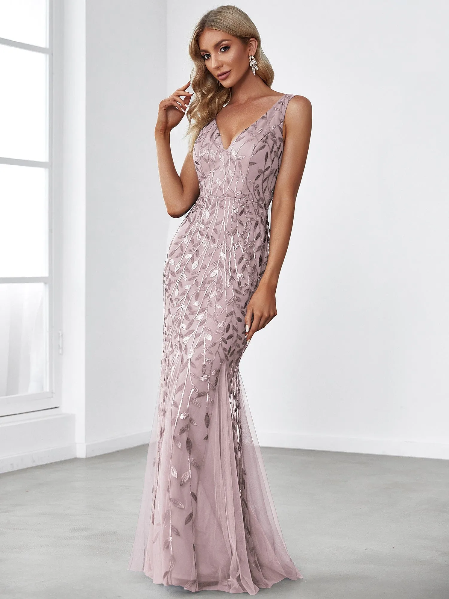 Custom Size Double V-Neck Fishtail Sequin Formal Maxi Evening Dress