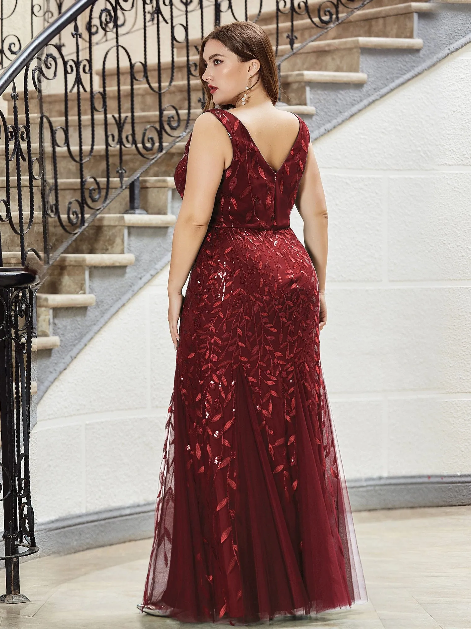 Custom Size Double V-Neck Fishtail Sequin Formal Maxi Evening Dress