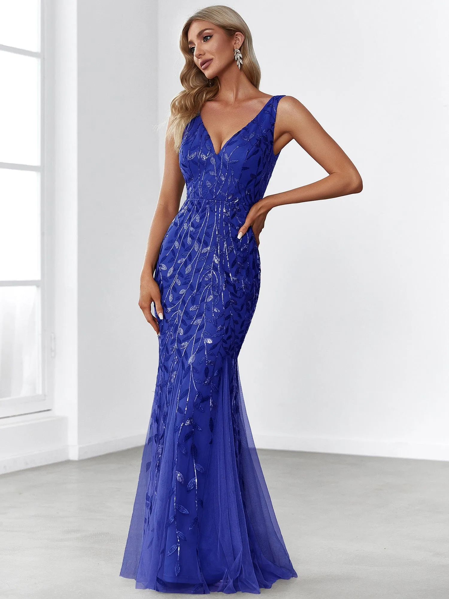 Custom Size Double V-Neck Fishtail Sequin Formal Maxi Evening Dress