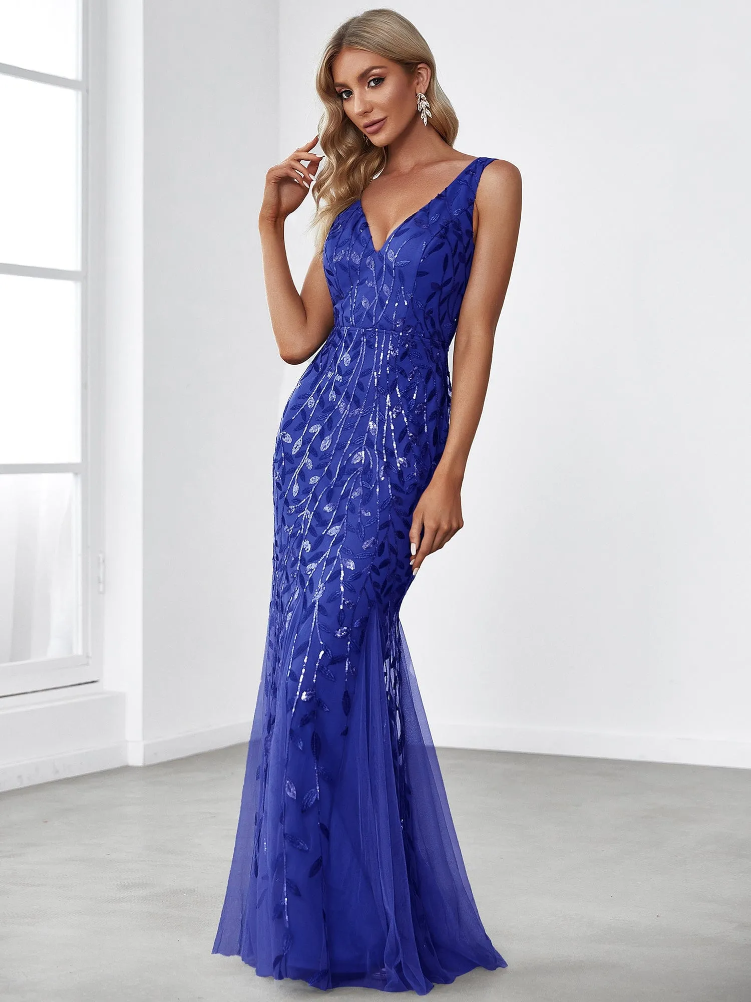 Custom Size Double V-Neck Fishtail Sequin Formal Maxi Evening Dress