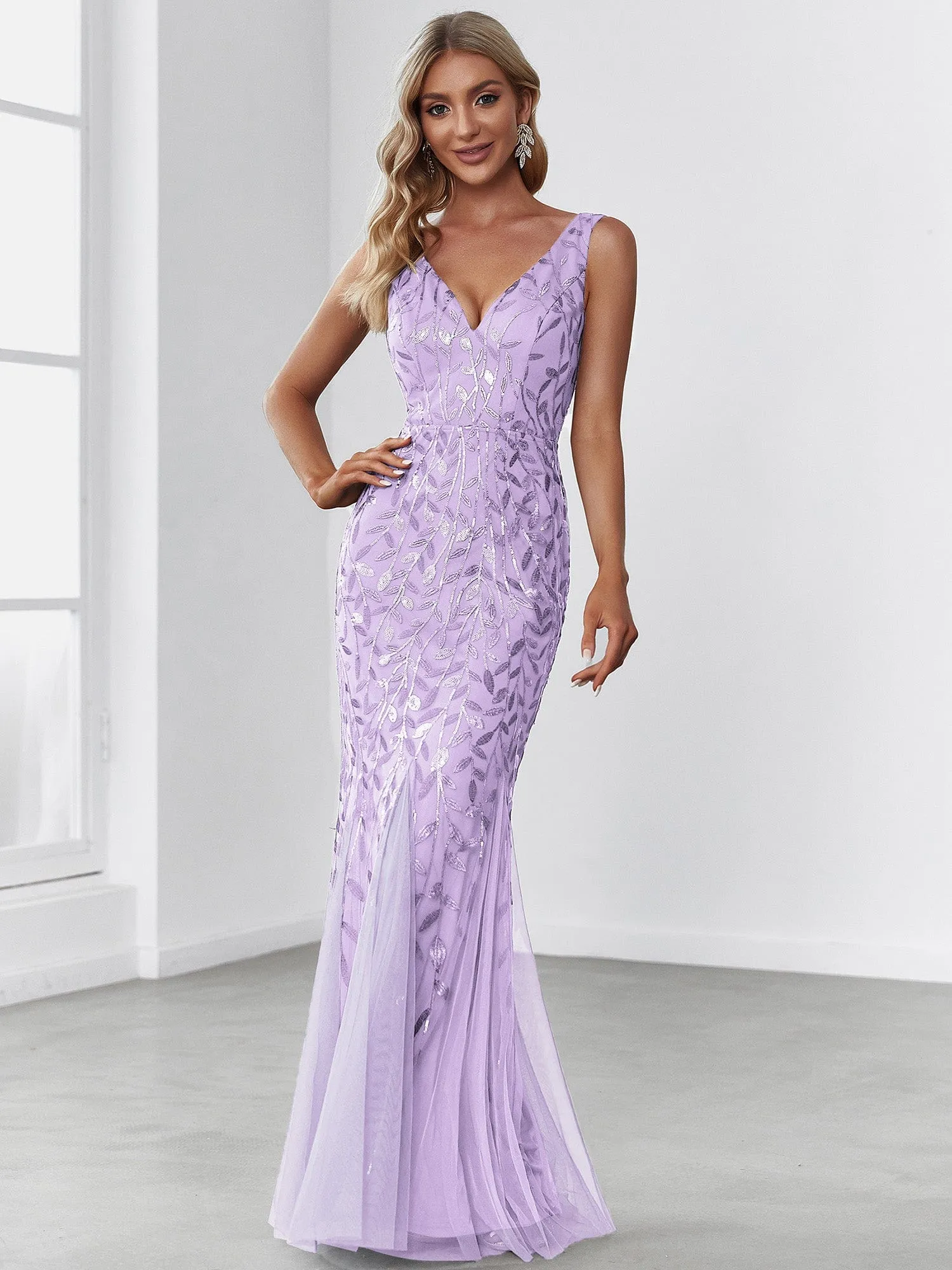 Custom Size Double V-Neck Fishtail Sequin Formal Maxi Evening Dress