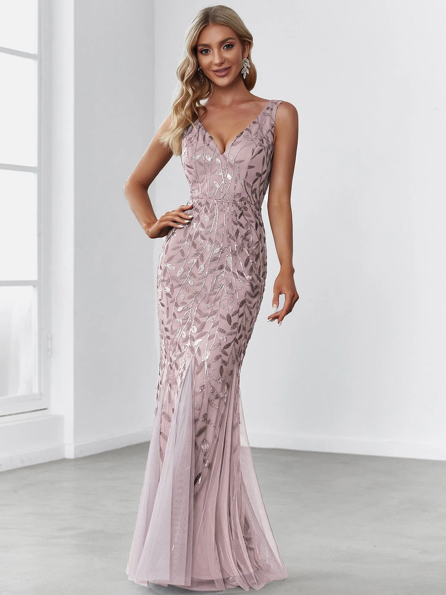 Custom Size Double V-Neck Fishtail Sequin Formal Maxi Evening Dress