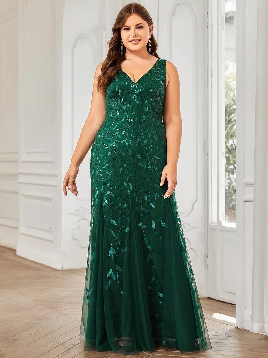 Custom Size Double V-Neck Fishtail Sequin Formal Maxi Evening Dress