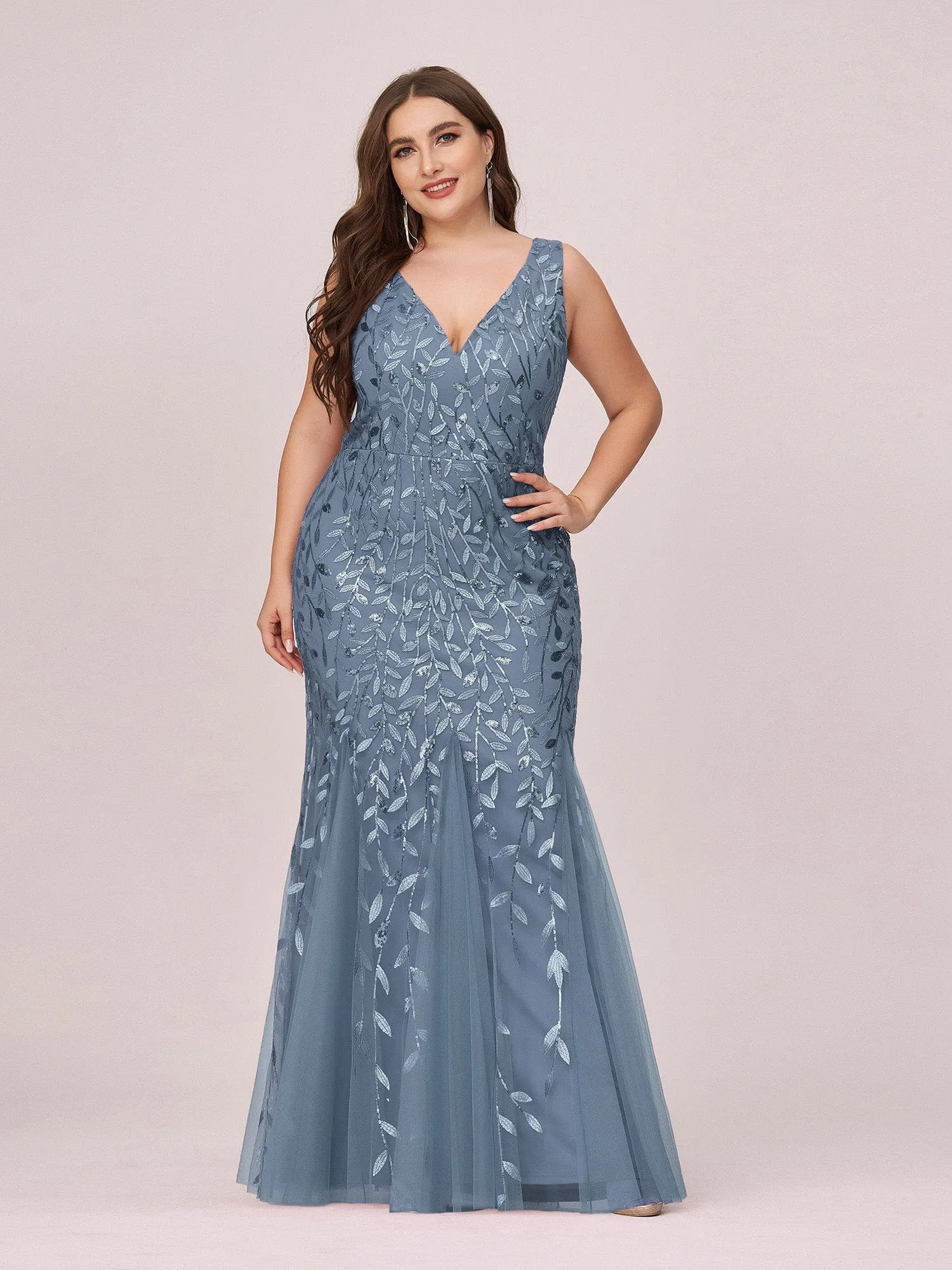 Custom Size Double V-Neck Fishtail Sequin Formal Maxi Evening Dress