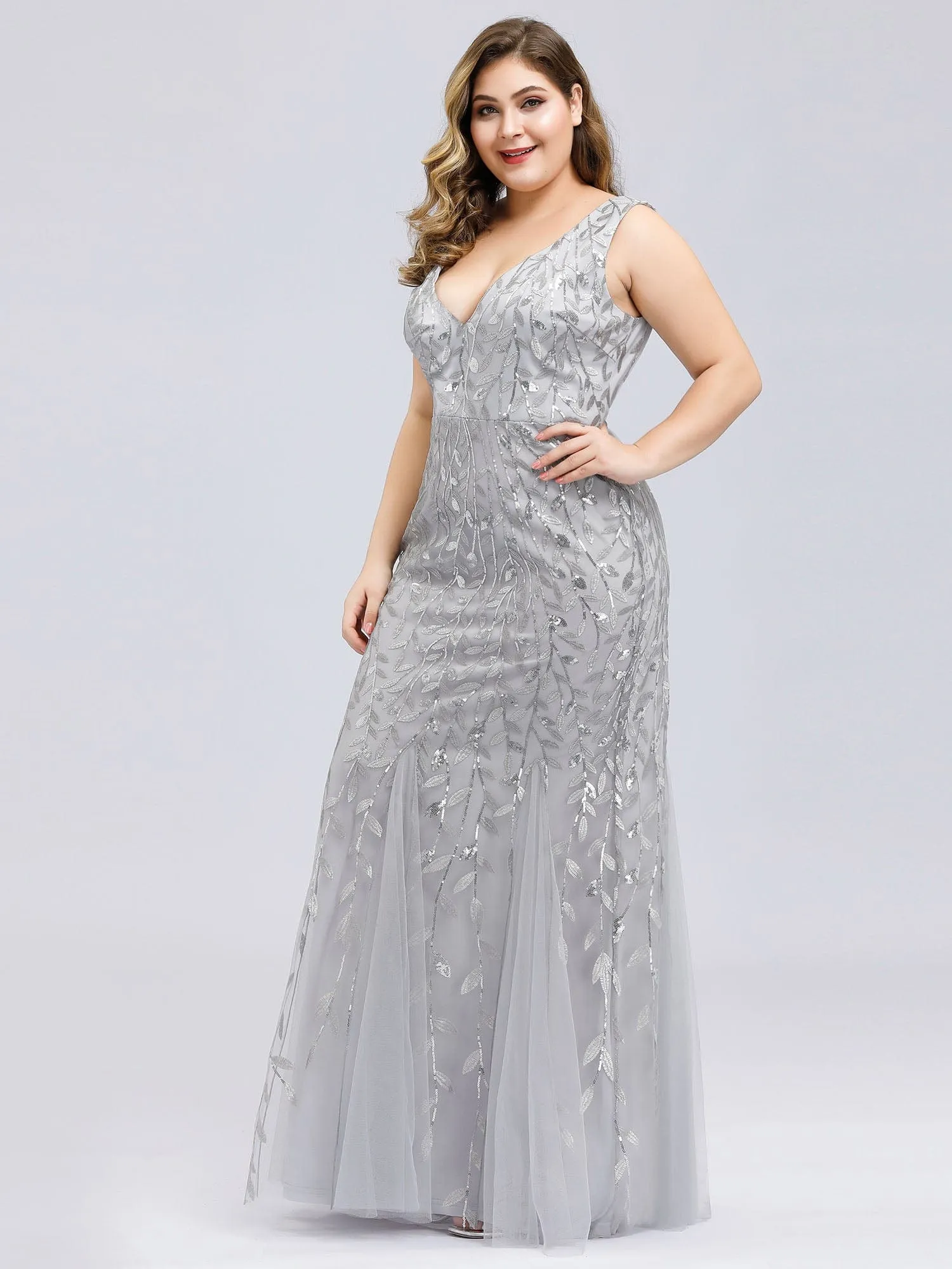 Custom Size Double V-Neck Fishtail Sequin Formal Maxi Evening Dress