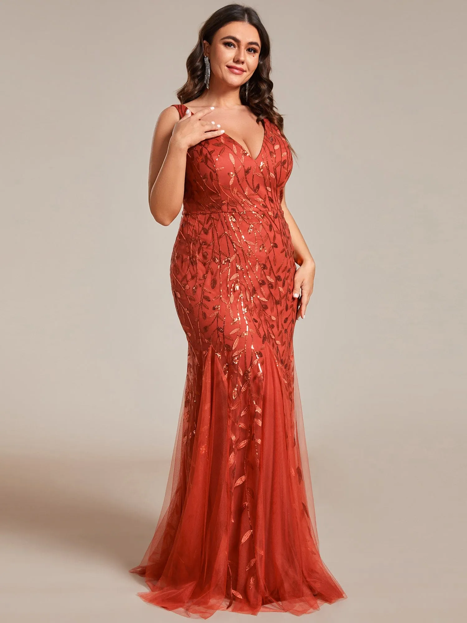 Custom Size Double V-Neck Fishtail Sequin Formal Maxi Evening Dress