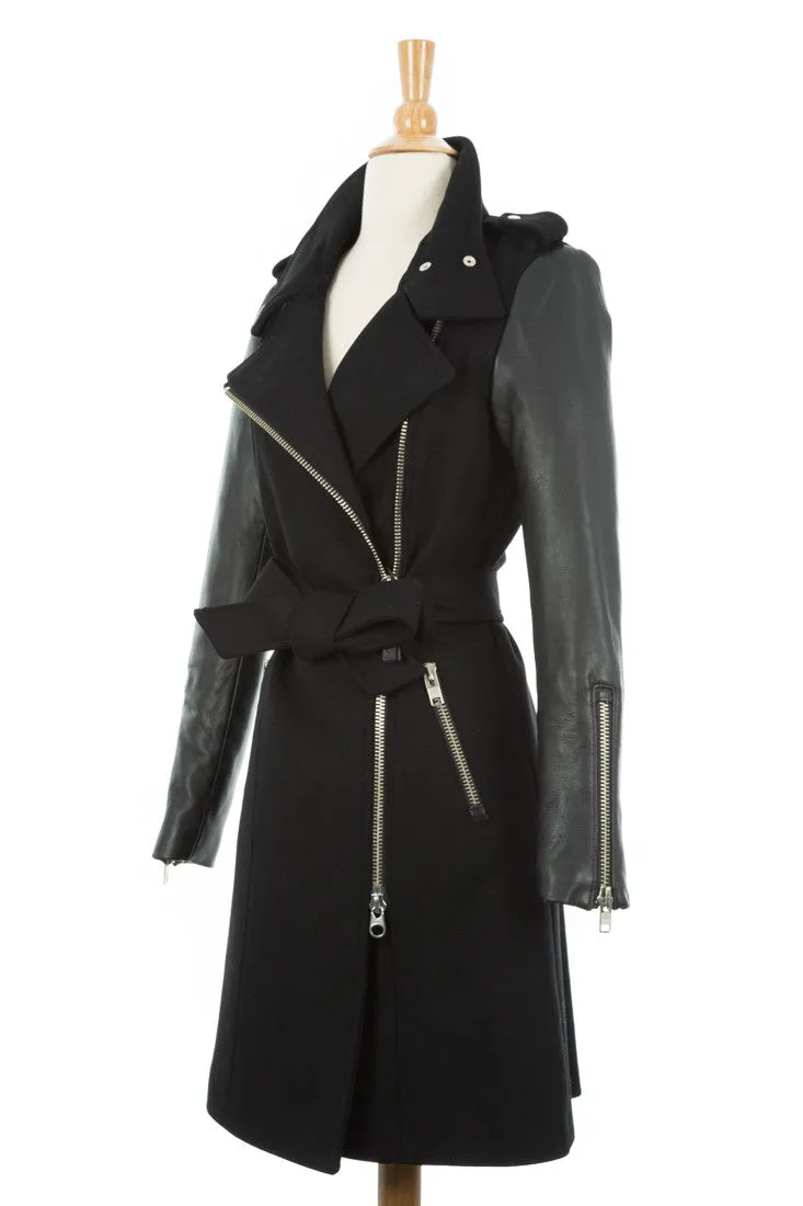 Dale Asymmetrical Wool Trench Coat With Leather Sleeves