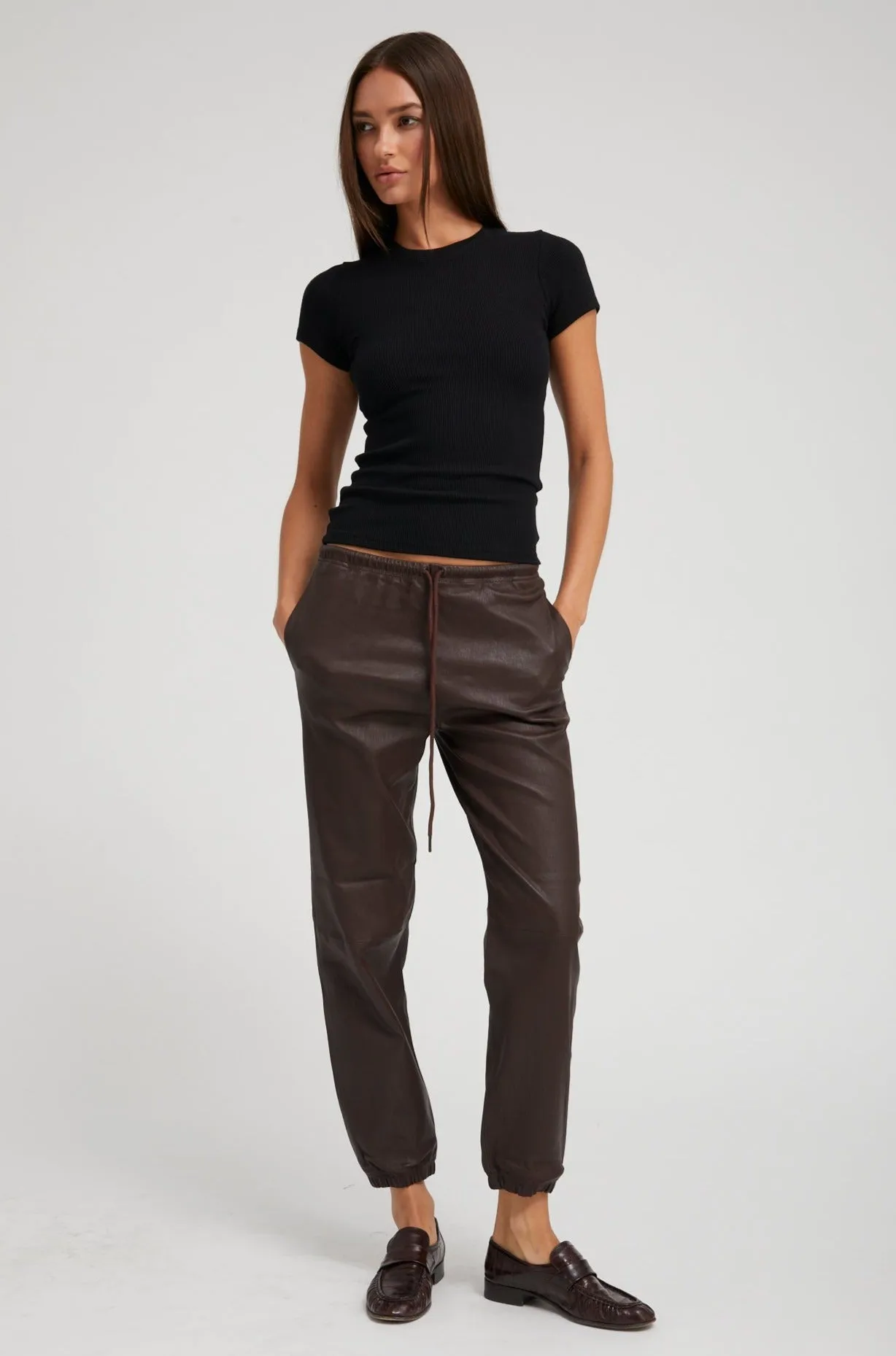 Dark Chocolate Leather Drawstring Sweatpants