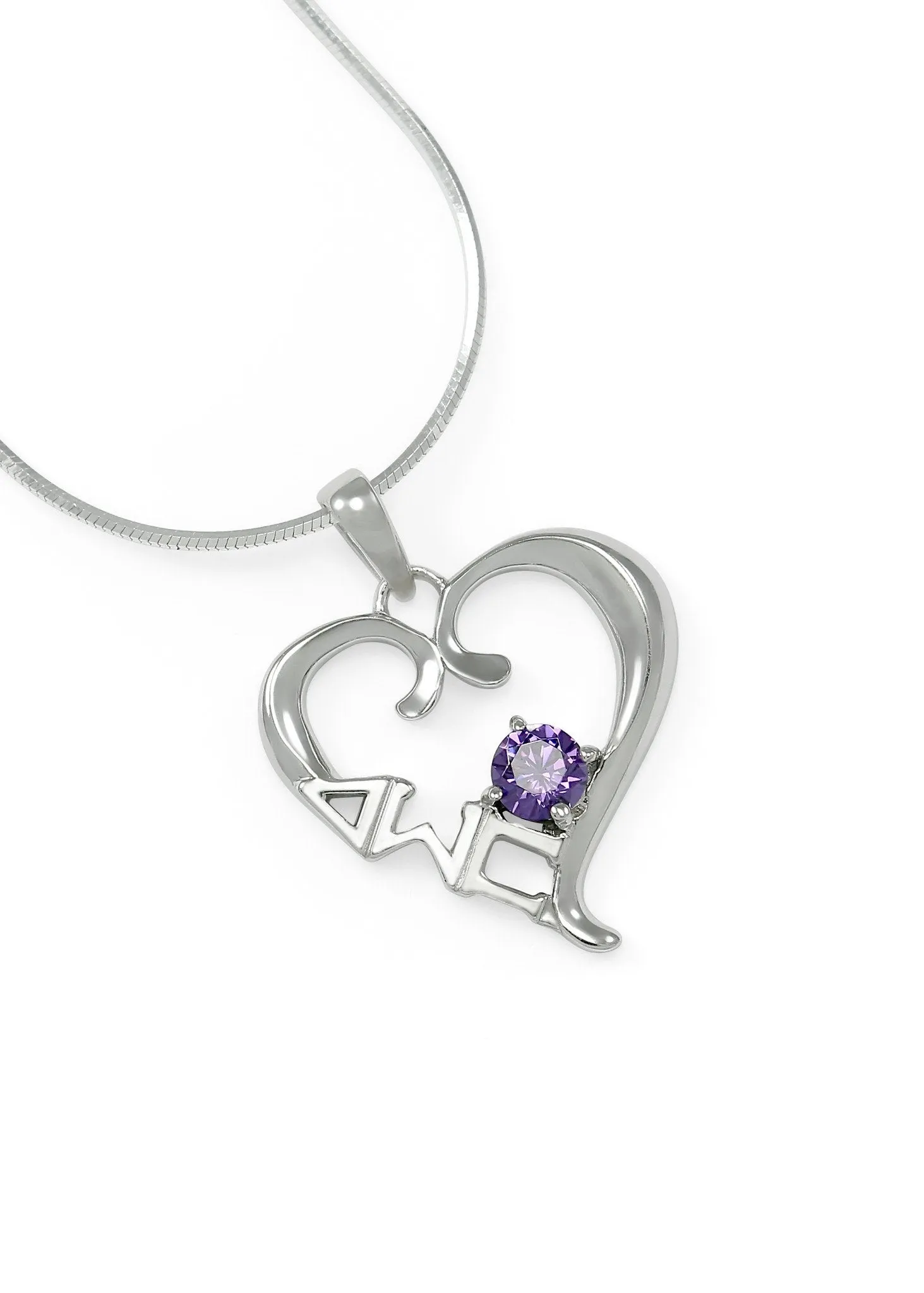 Delta Sigma Pi Sterling Silver Heart Pendant with Purple CZ Crystal