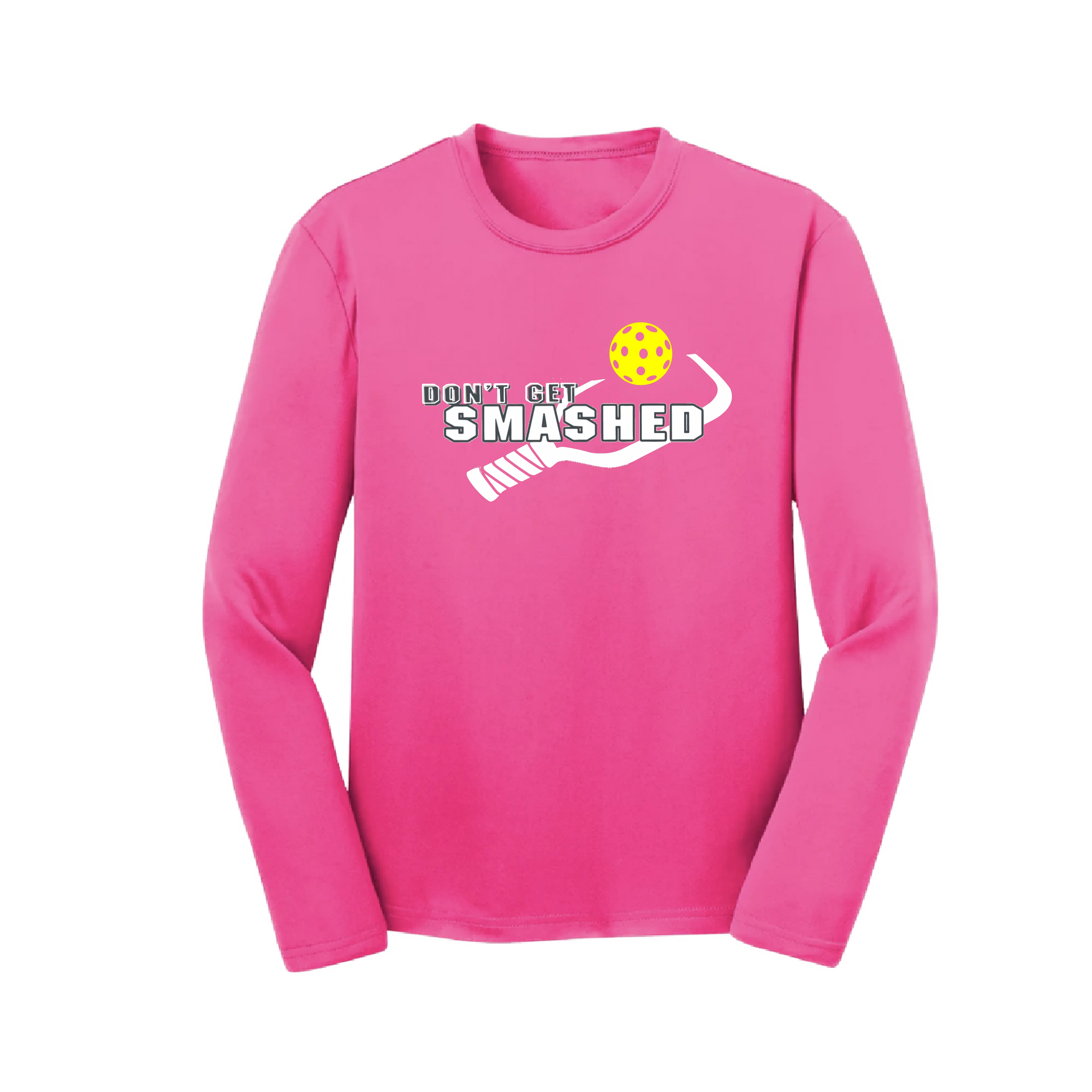 Don't Get Smashed (Purple White Yellow Pickleball Colors) | Youth Long Sleeve Athletic Shirt | 100% Polyester