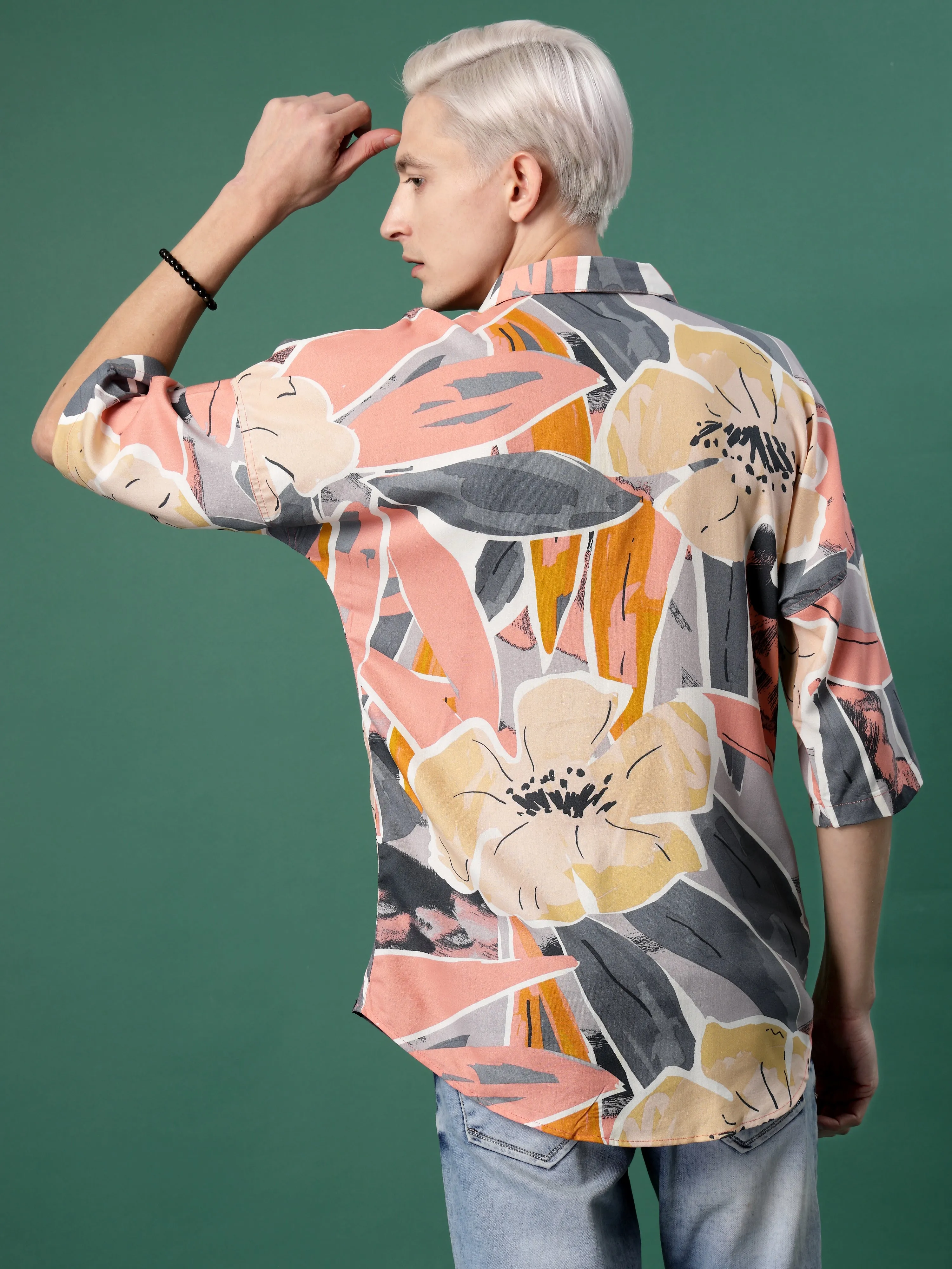 Elegance Pink Foliage Print Oversized Rayon Shirt for Men