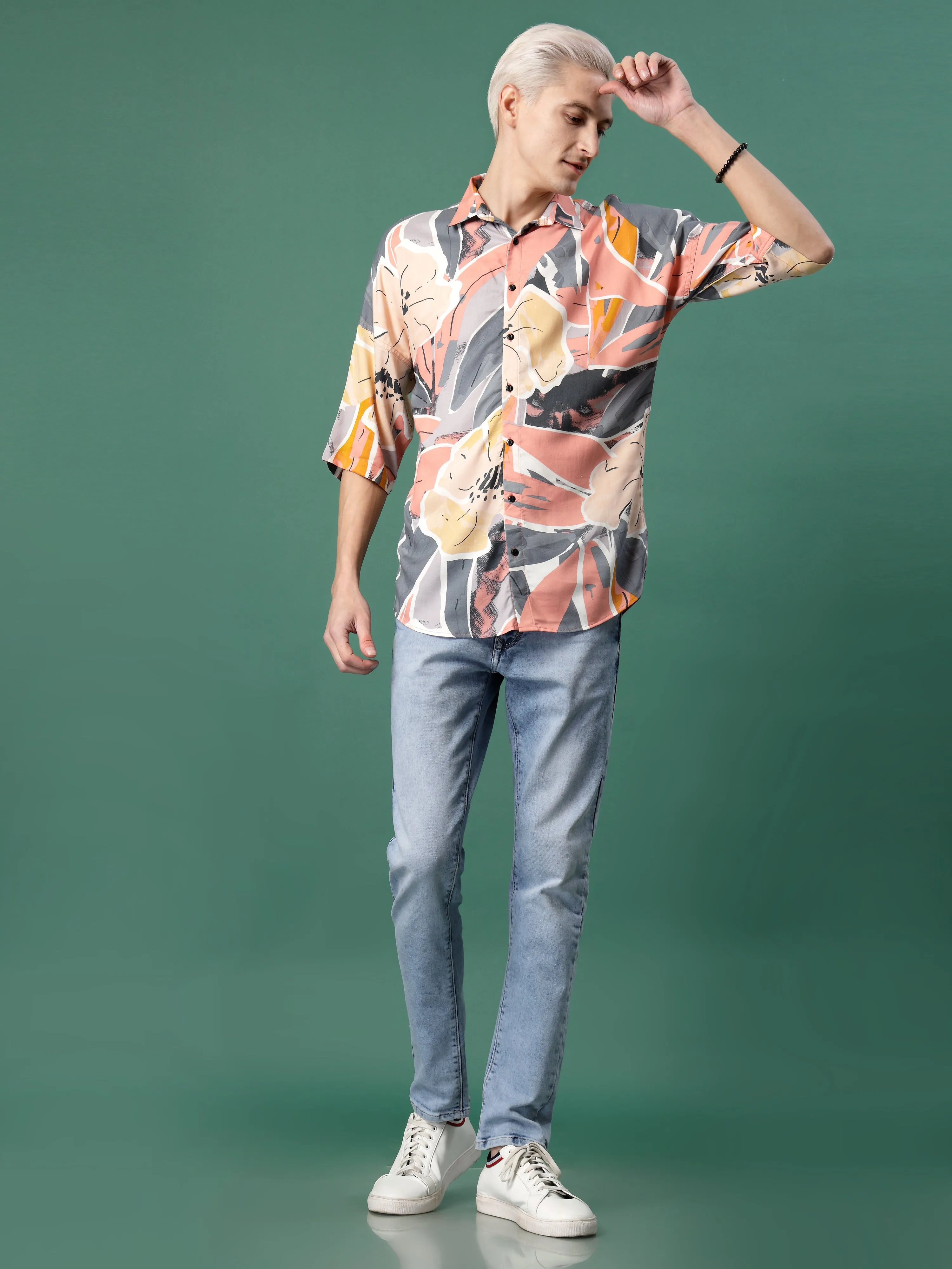 Elegance Pink Foliage Print Oversized Rayon Shirt for Men