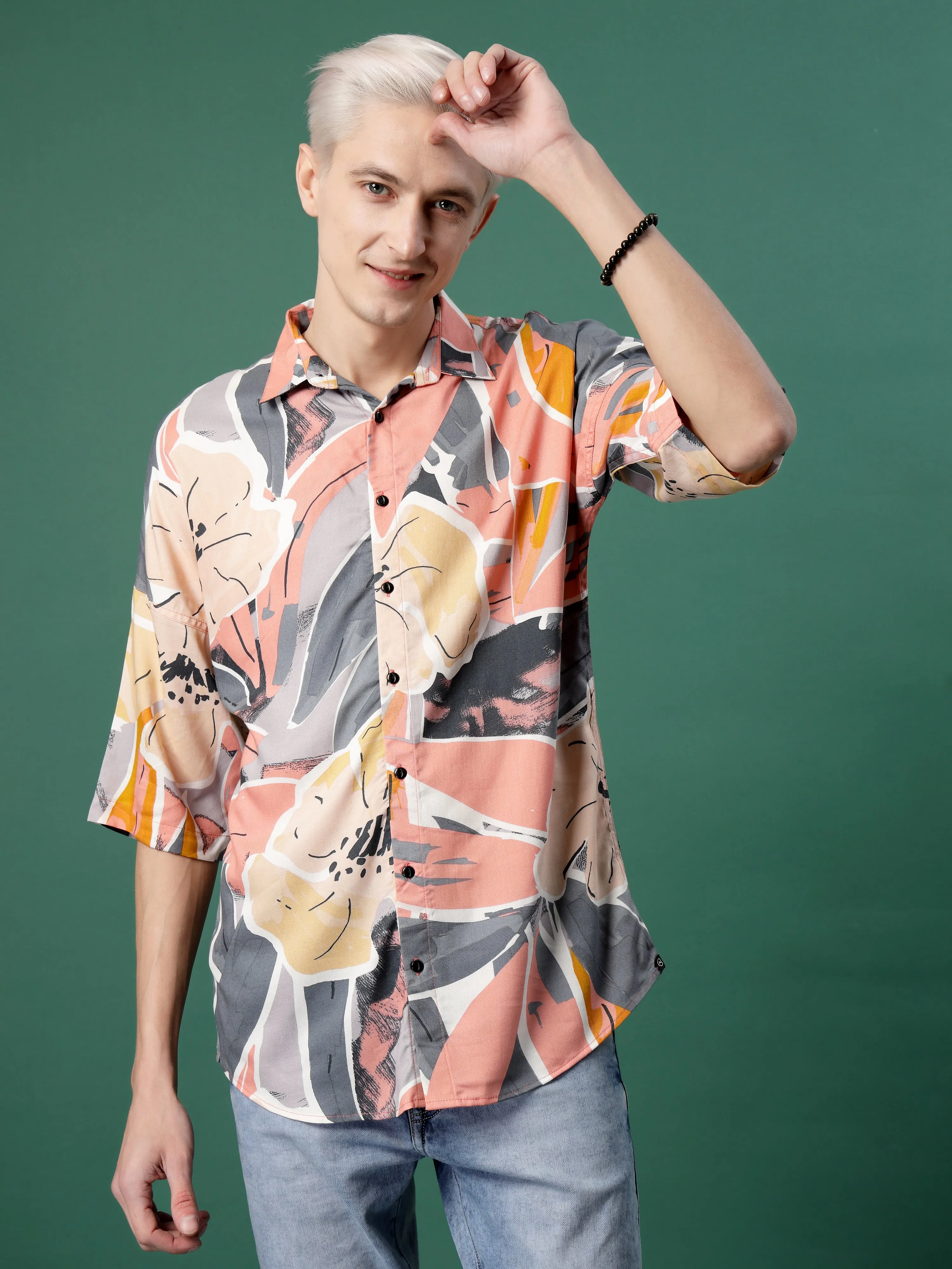 Elegance Pink Foliage Print Oversized Rayon Shirt for Men