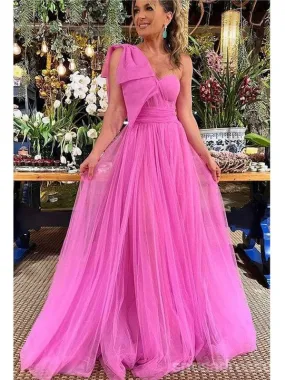 Elegant Hot Pink A-line One Shoulder Maxi Long Party Prom Dresses,Evening Dress,13478