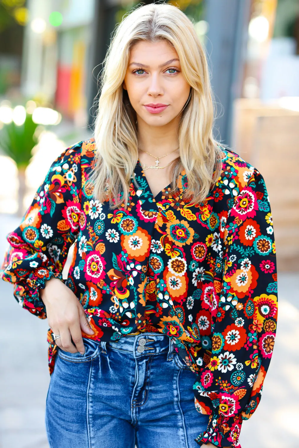 Explore More Collection - Black/Magenta Floral Ready For The Day Smocked Blouse