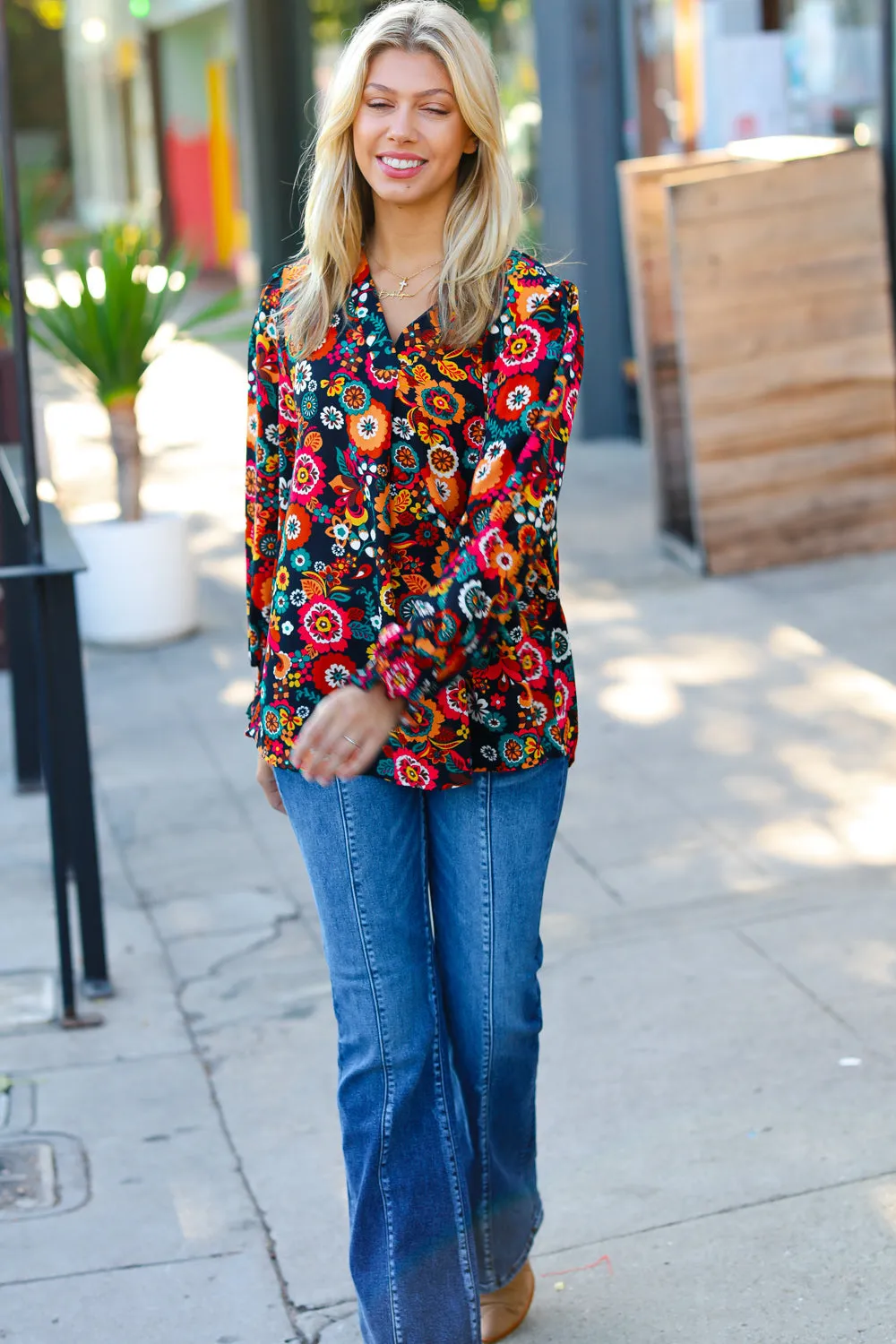 Explore More Collection - Black/Magenta Floral Ready For The Day Smocked Blouse