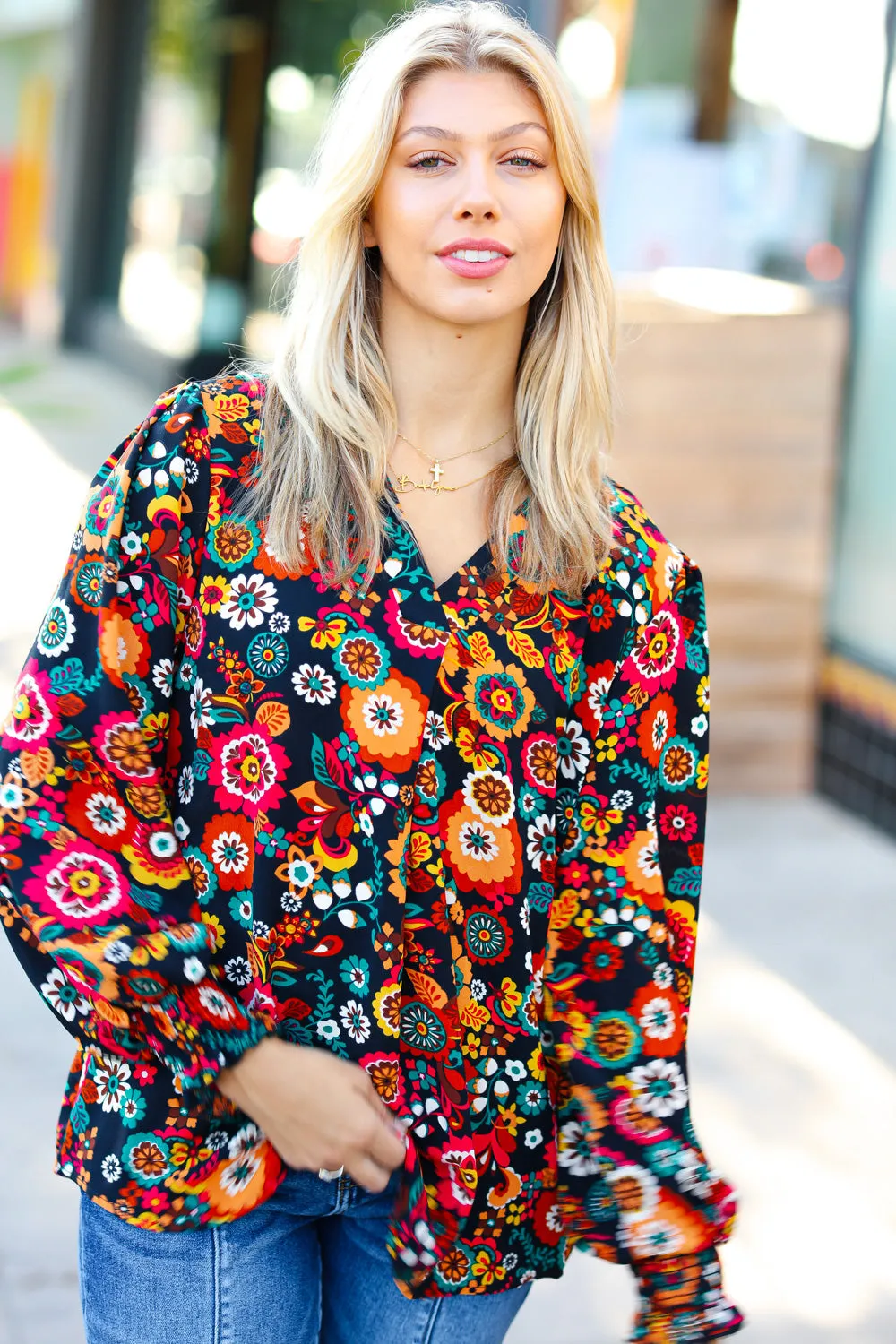 Explore More Collection - Black/Magenta Floral Ready For The Day Smocked Blouse