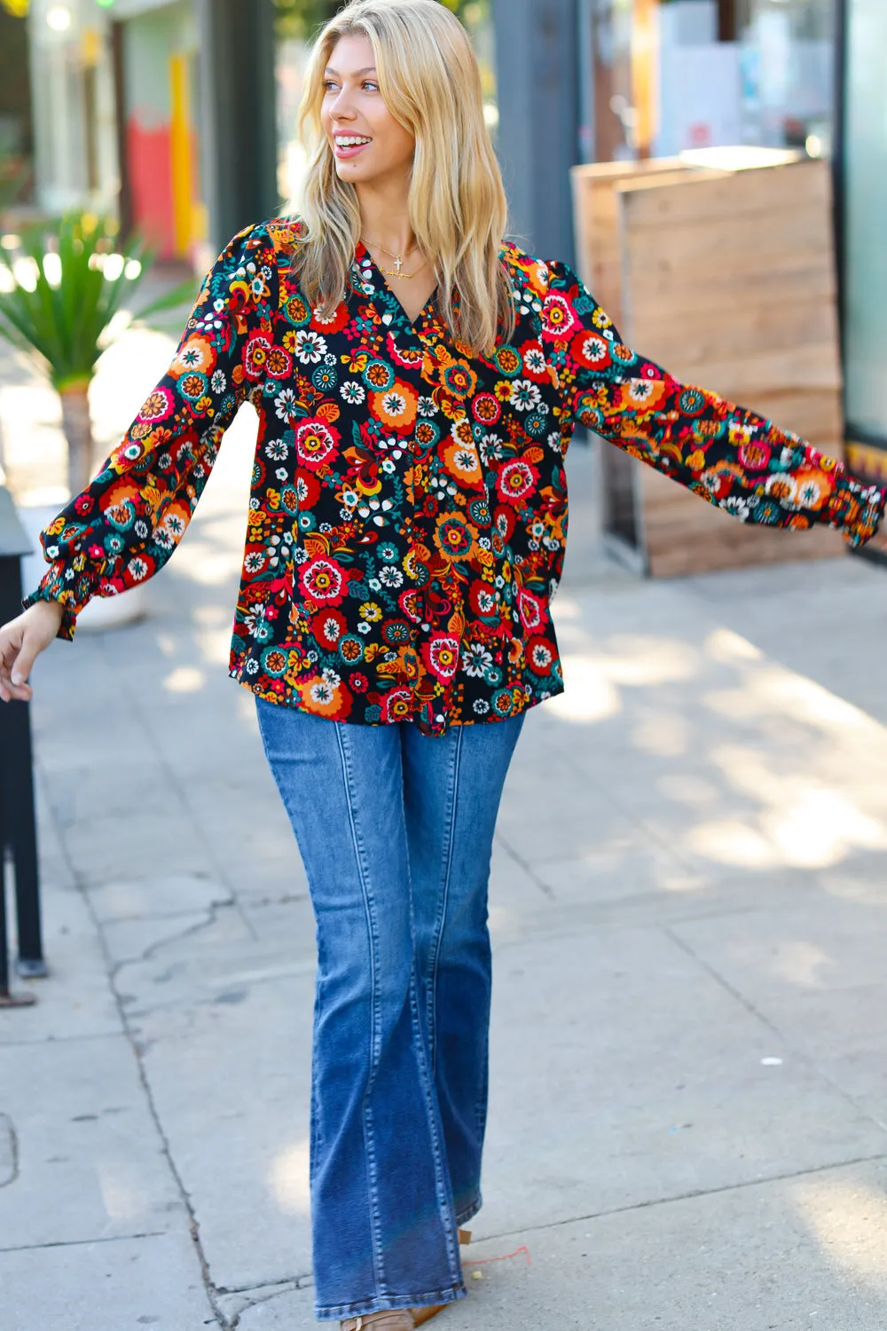 Explore More Collection - Black/Magenta Floral Ready For The Day Smocked Blouse