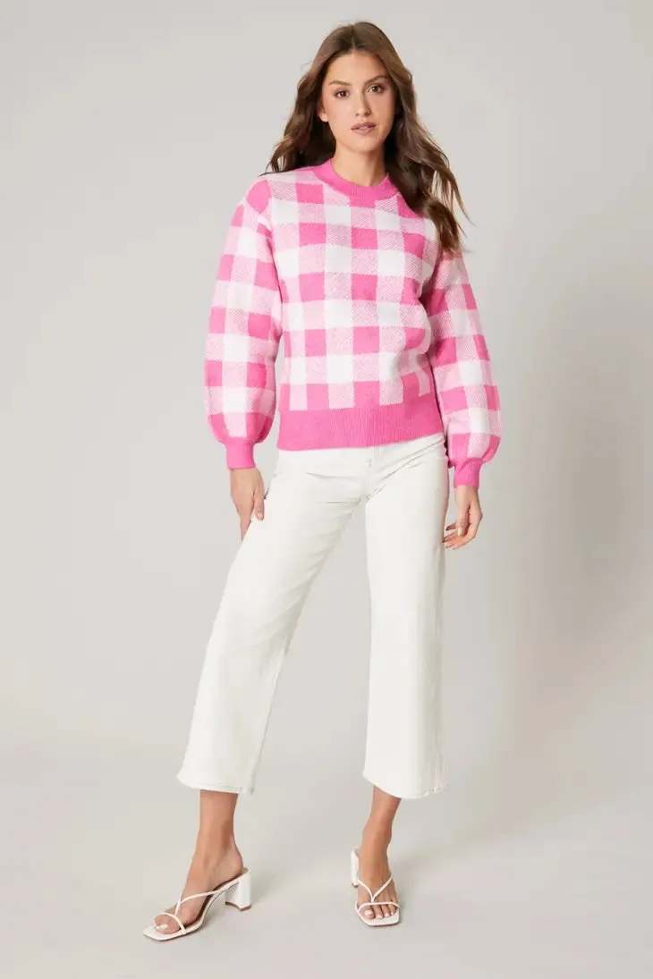 FAREWELL GINGHAM PINK AND WHITE PULLOVER SWEATER